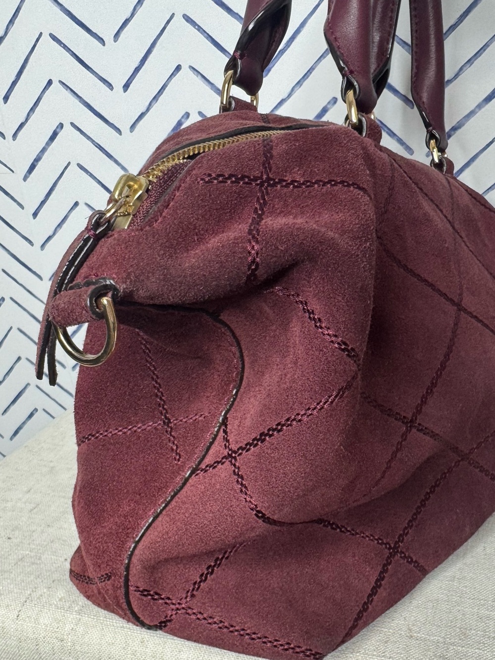 Tory Burch Frida Suede Quilted Satchel Plum Gold EXCELLENT - Picture 11 of 11